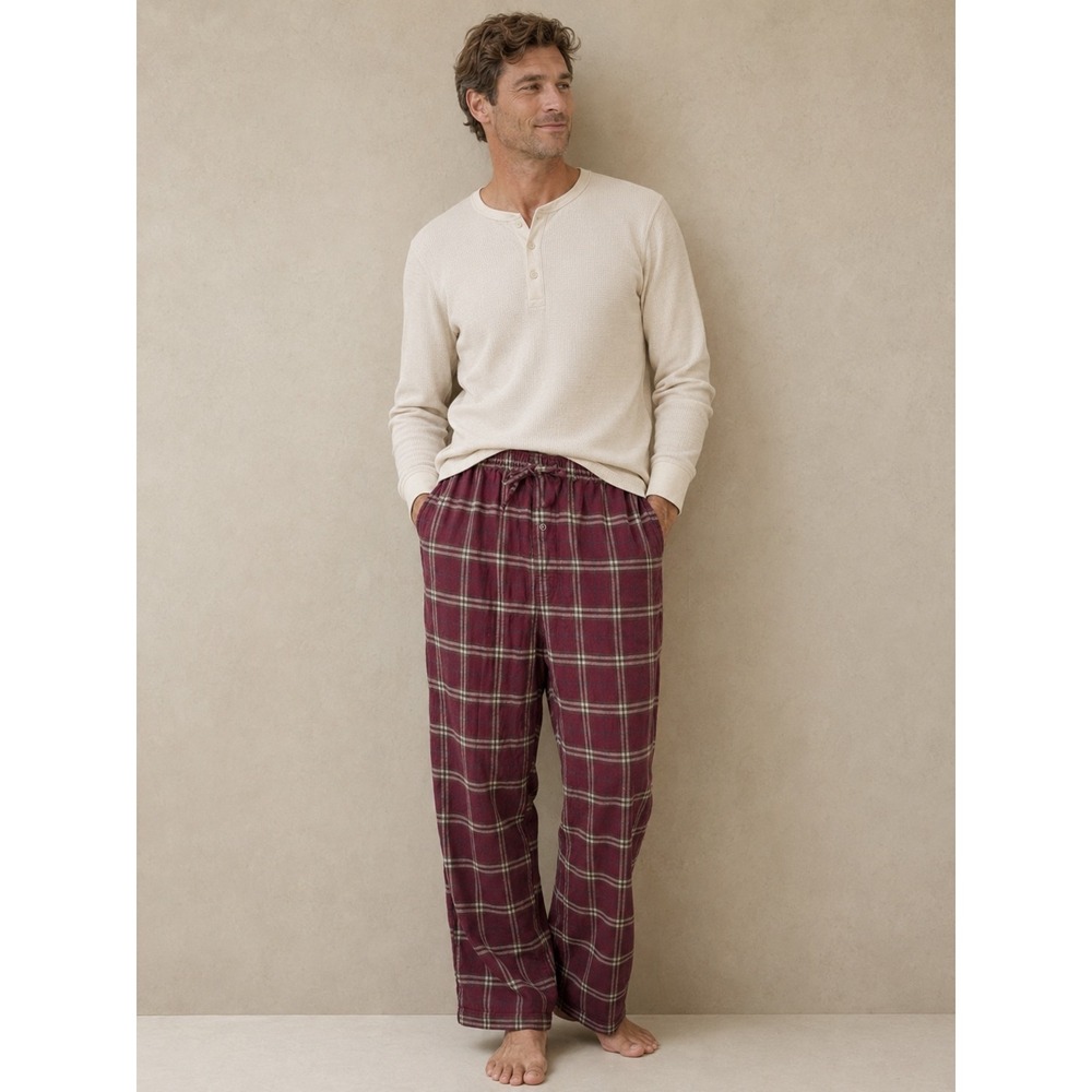 Garnet Hill Mens Plaid Flannel Pajama Pants Burgundy Tan‎ Cotton Sleepwear Large